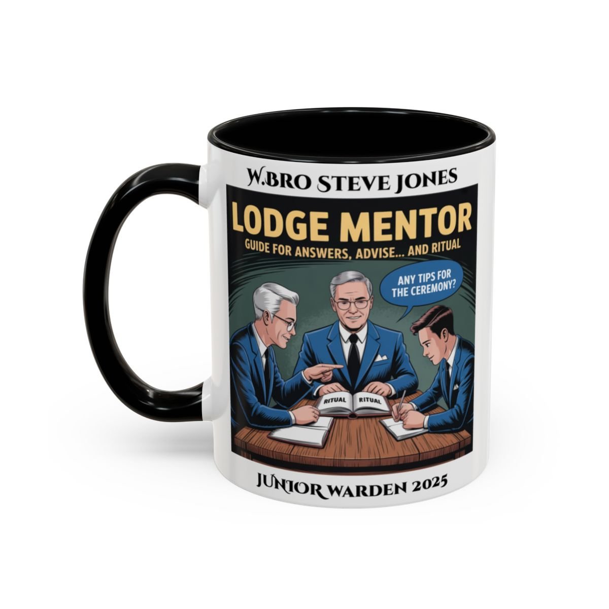 Premium Personalised Freemason Colour Rim Mug - Lodge Mentor Design - Guide for Answers Advise and Ritual - Masonic Mugs