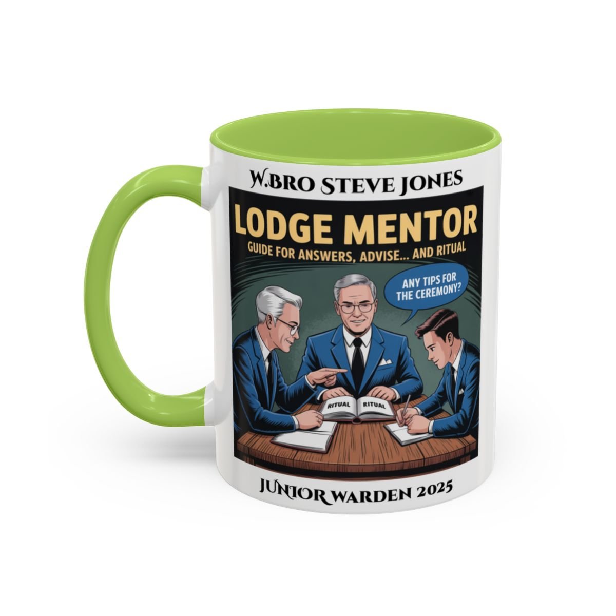 Premium Personalised Freemason Colour Rim Mug - Lodge Mentor Design - Guide for Answers Advise and Ritual - Masonic Mugs