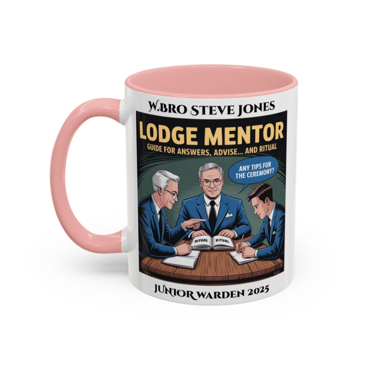 Premium Personalised Freemason Colour Rim Mug - Lodge Mentor Design - Guide for Answers Advise and Ritual - Masonic Mugs