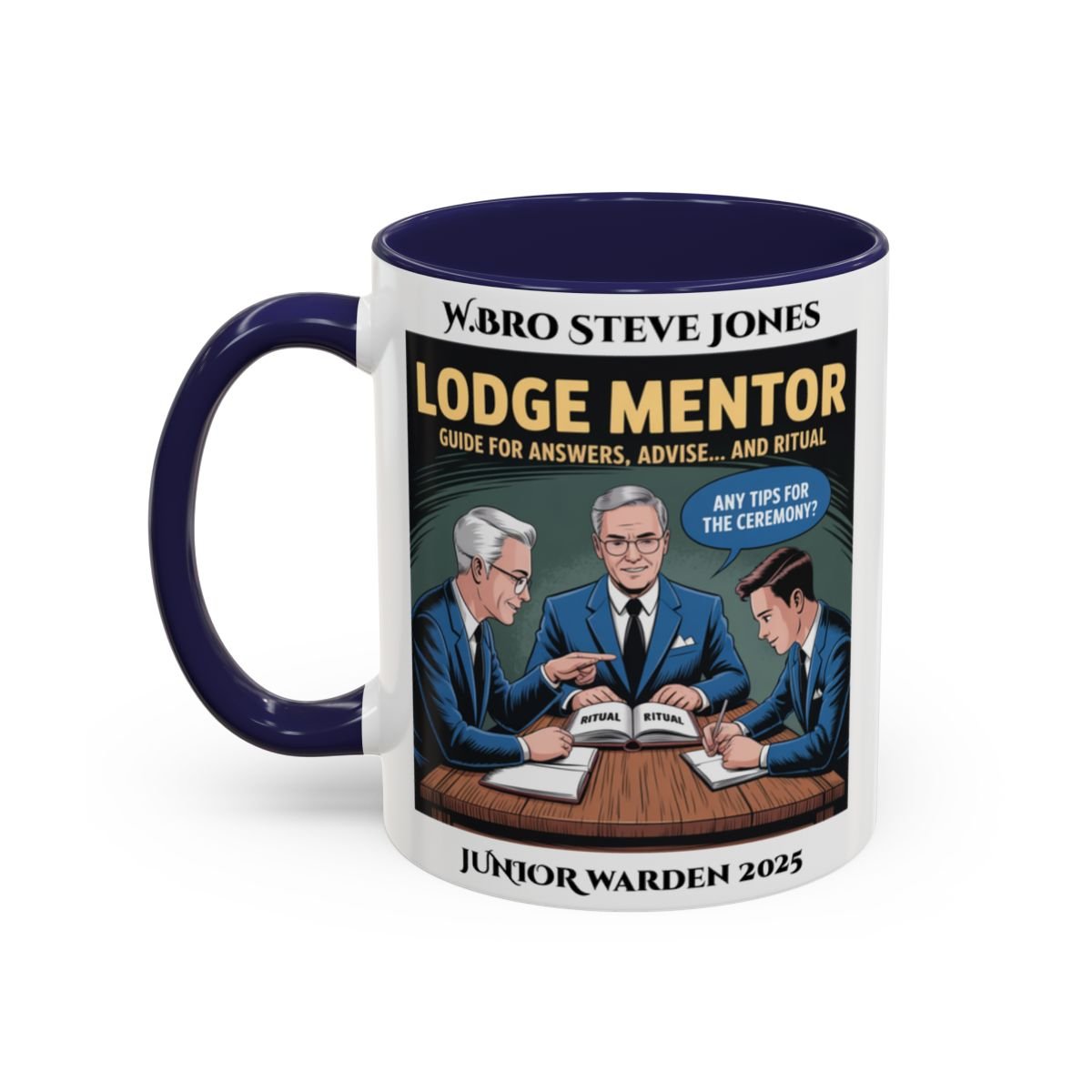 Premium Personalised Freemason Colour Rim Mug - Lodge Mentor Design - Guide for Answers Advise and Ritual - Masonic Mugs