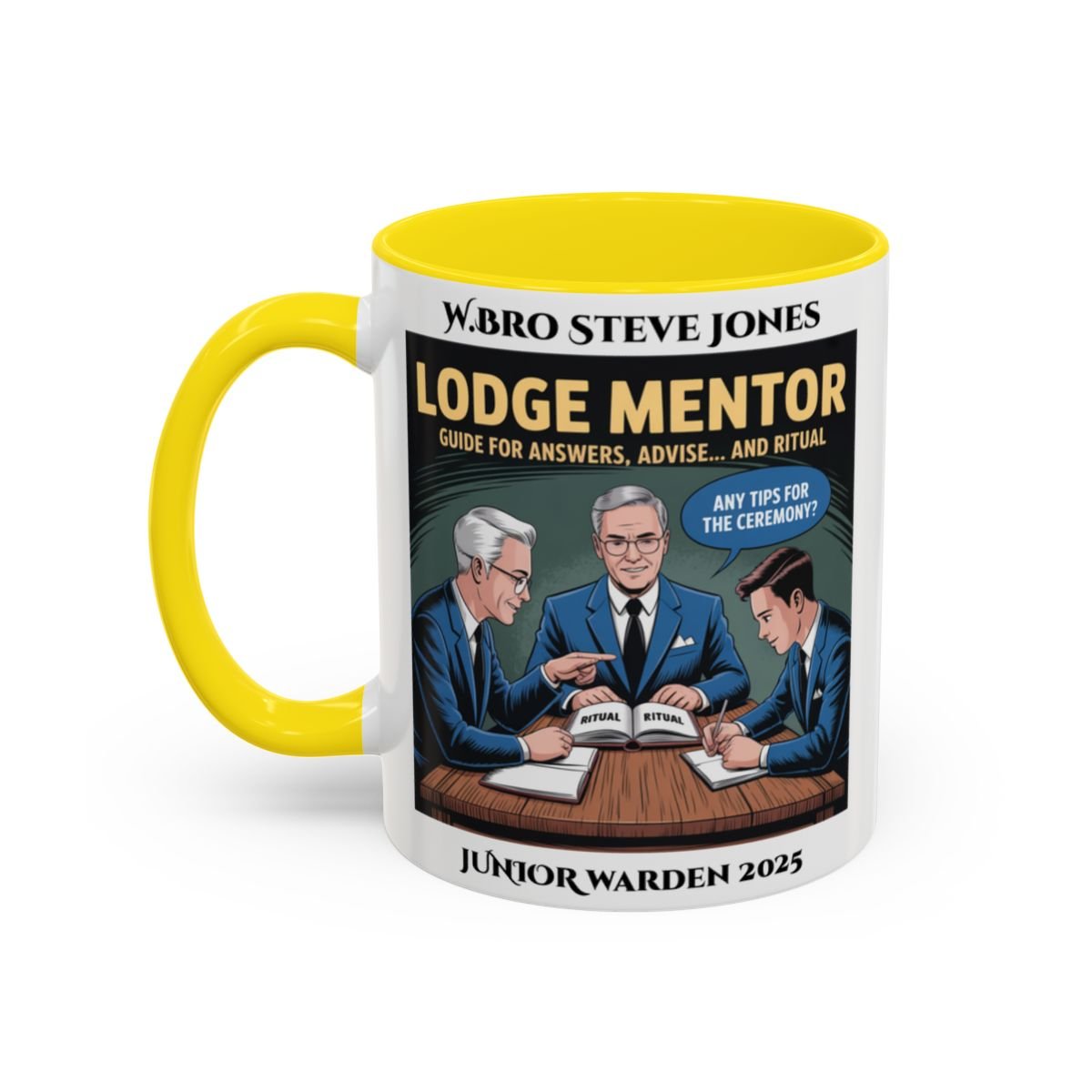 Premium Personalised Freemason Colour Rim Mug - Lodge Mentor Design - Guide for Answers Advise and Ritual - Masonic Mugs