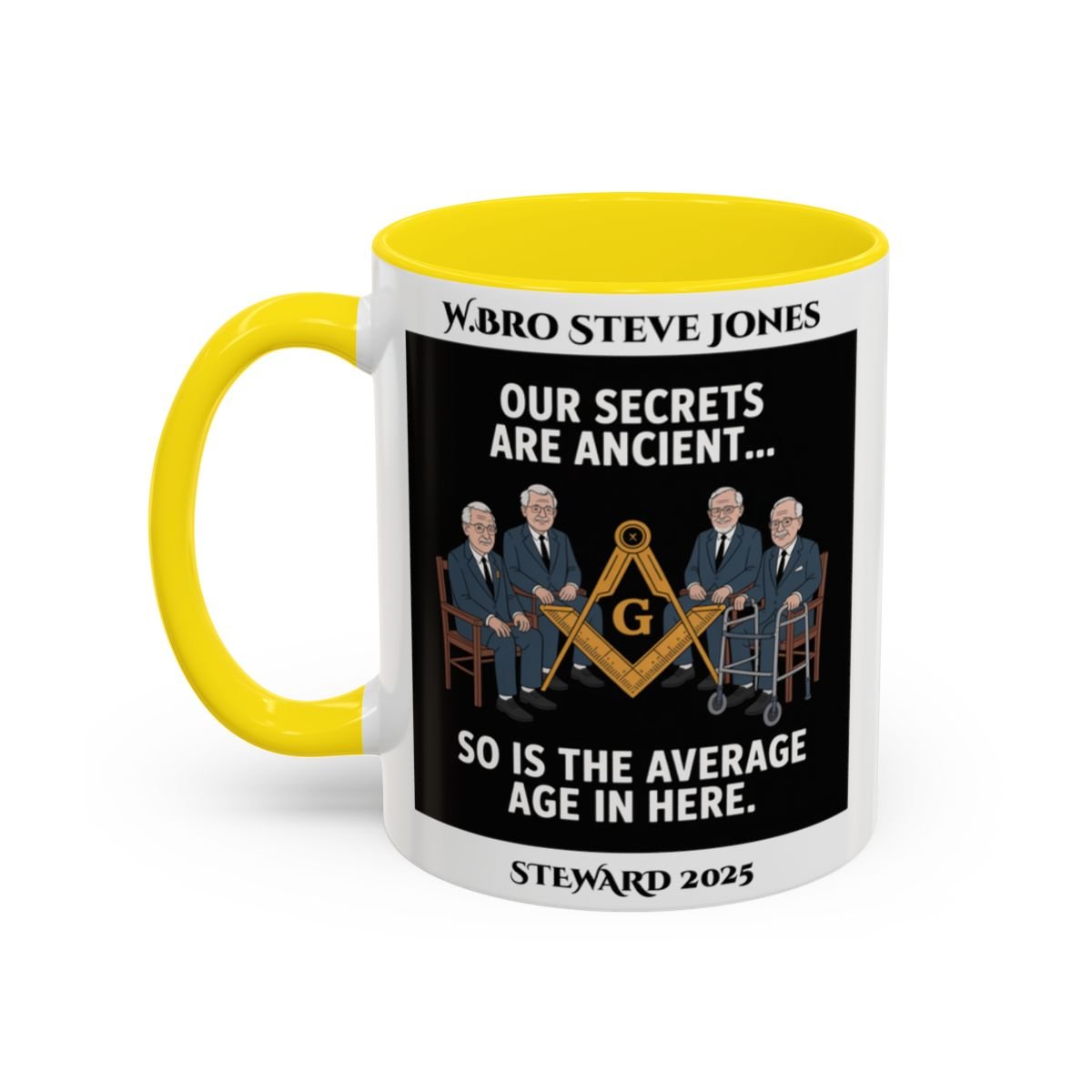 Premium Personalised Freemason Colour Rim Mug - Masonic Memes Design - Average age of people here - Masonic Mugs