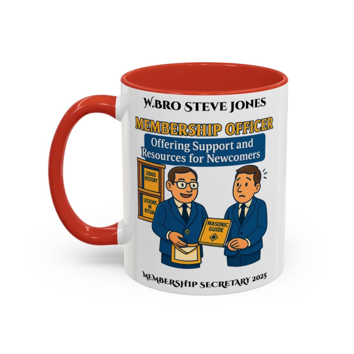 Premium Personalised Freemason Colour Rim Mug - Membership Officer Design Offering support and resources for newcomers - Masonic Mugs