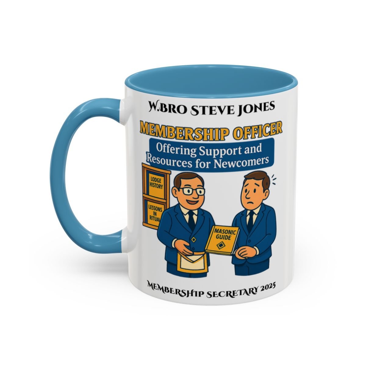 Premium Personalised Freemason Colour Rim Mug - Membership Officer Design Offering support and resources for newcomers - Masonic Mugs