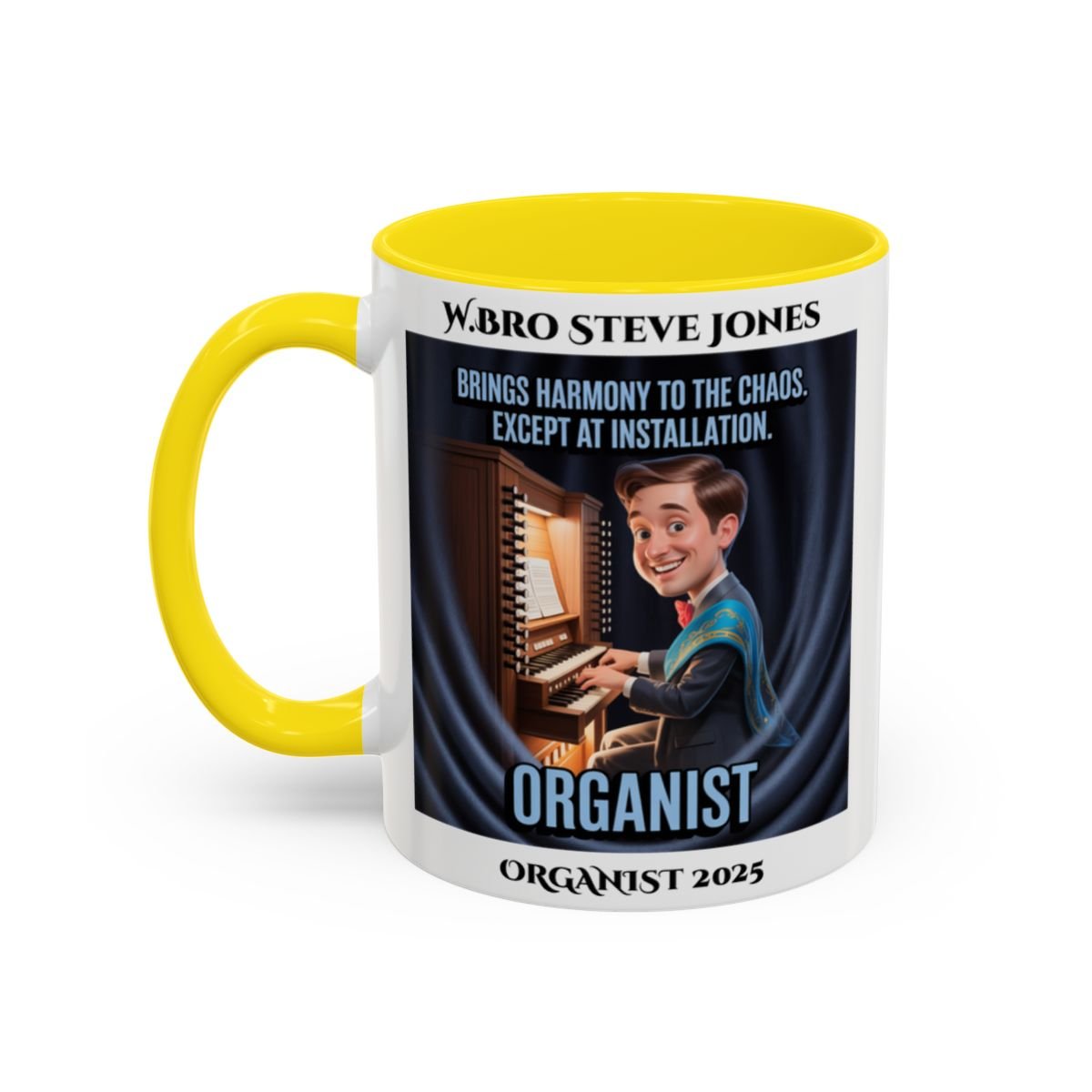Premium Personalised Freemason Colour Rim Mug - Organist Design - Brings Harmony to the Chaos - Masonic Mugs
