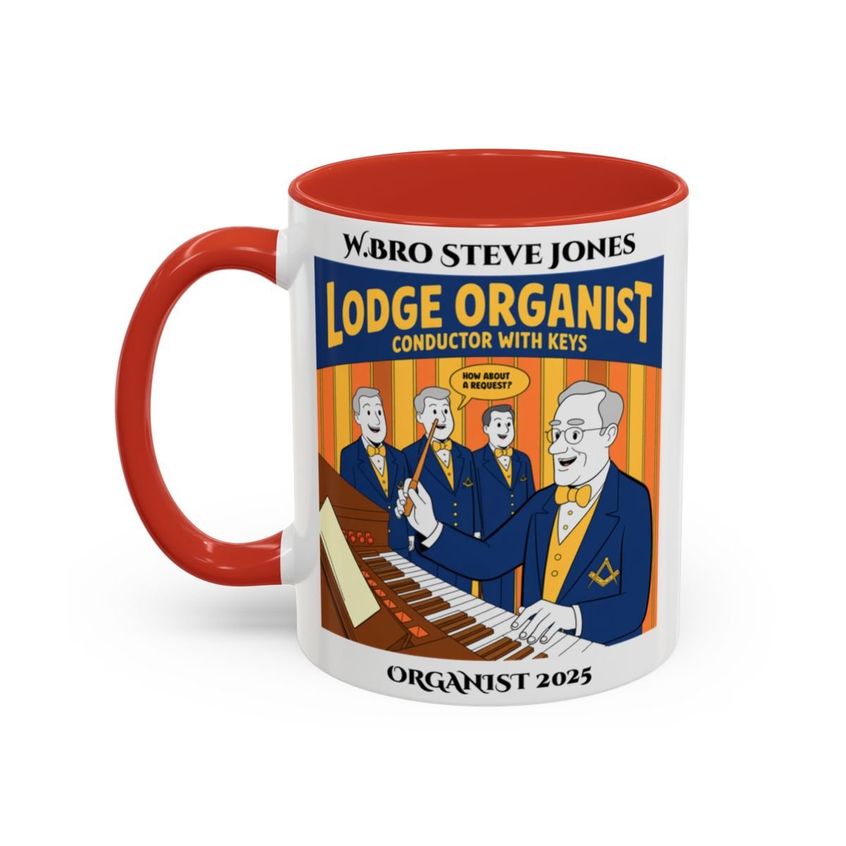 Premium Personalised Freemason Colour Rim Mug - Organist Design - Conductor with keys - Masonic Mugs