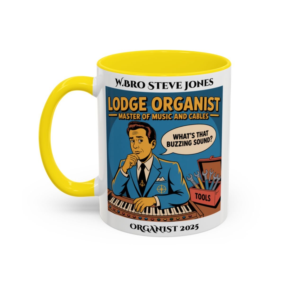 Premium Personalised Freemason Colour Rim Mug - Organist Design - Master of Music and Cables - Masonic Mugs