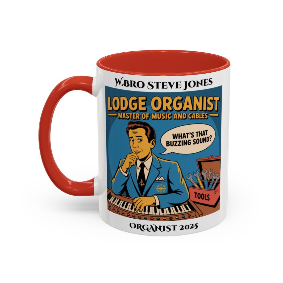 Premium Personalised Freemason Colour Rim Mug - Organist Design - Master of Music and Cables - Masonic Mugs