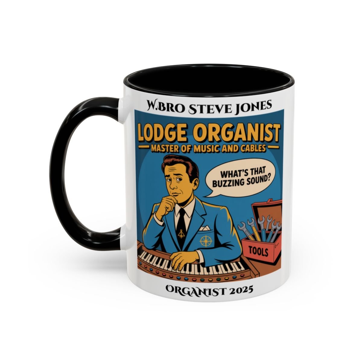 Premium Personalised Freemason Colour Rim Mug - Organist Design - Master of Music and Cables - Masonic Mugs