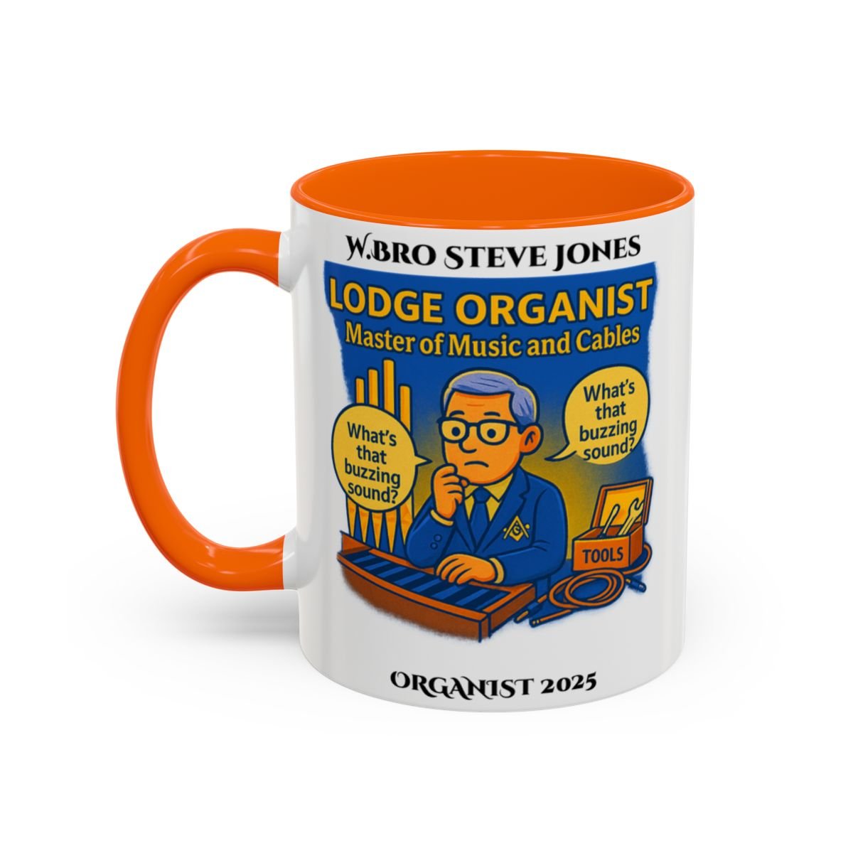 Premium Personalised Freemason Colour Rim Mug - Organist Design - Master of the Music and cables - Masonic Mugs