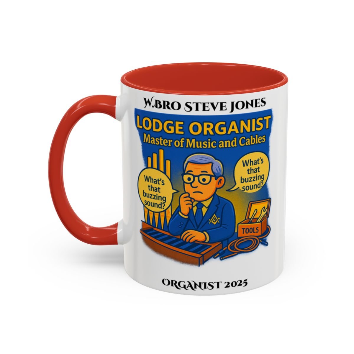 Premium Personalised Freemason Colour Rim Mug - Organist Design - Master of the Music and cables - Masonic Mugs