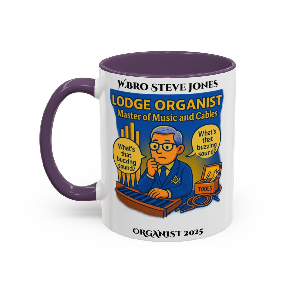 Premium Personalised Freemason Colour Rim Mug - Organist Design - Master of the Music and cables - Masonic Mugs