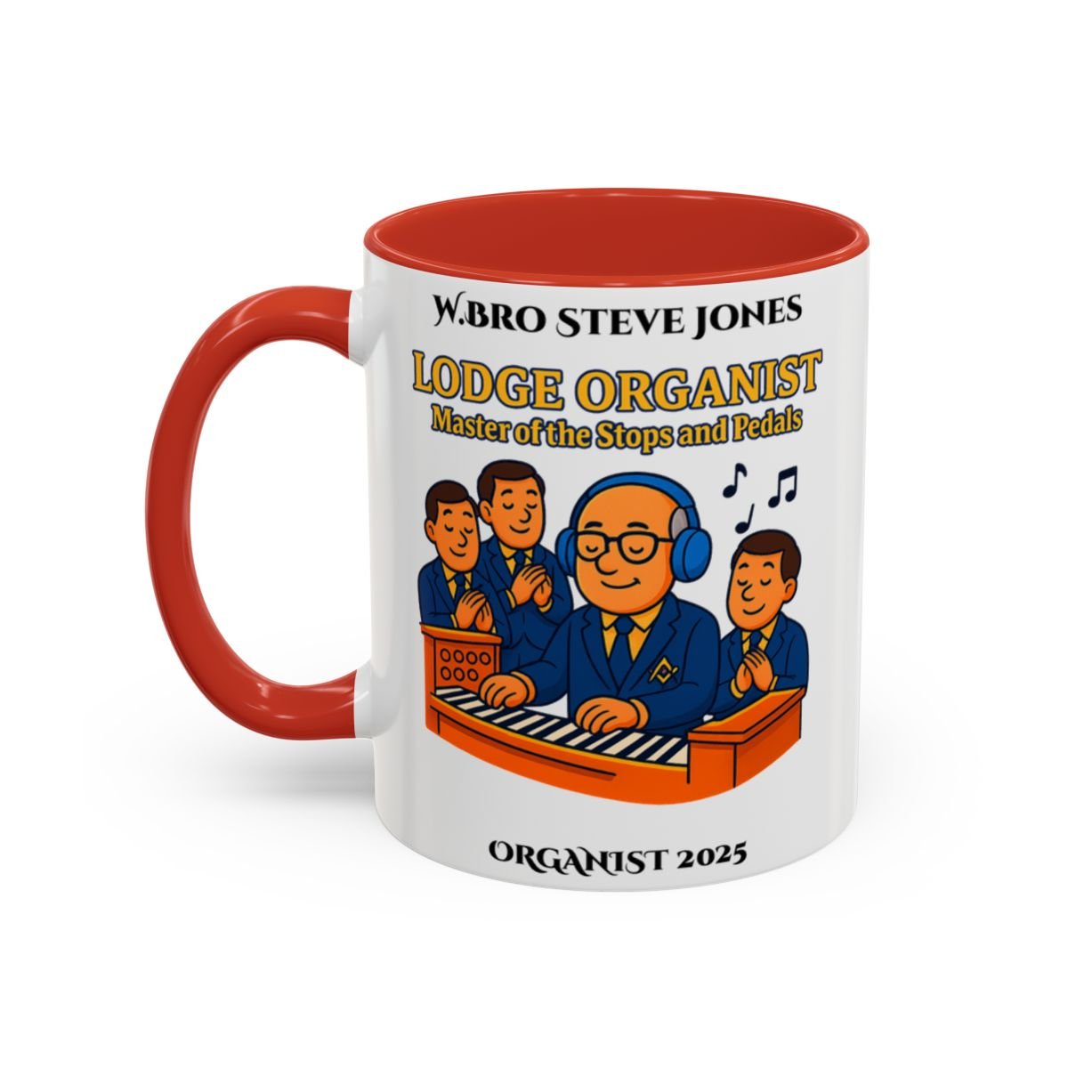 Premium Personalised Freemason Colour Rim Mug - Organist Design - Master of the Stops and Pedals - Masonic Mugs