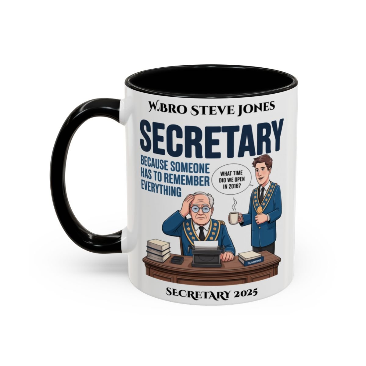 Premium Personalised Freemason Colour Rim Mug - Secretary Design - Becuase someone has to remember everything - Masonic Mugs
