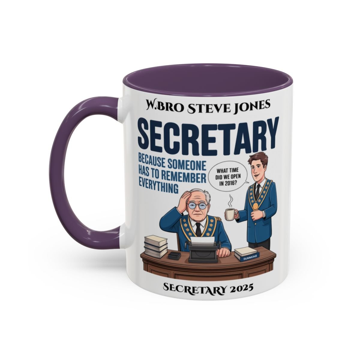 Premium Personalised Freemason Colour Rim Mug - Secretary Design - Becuase someone has to remember everything - Masonic Mugs