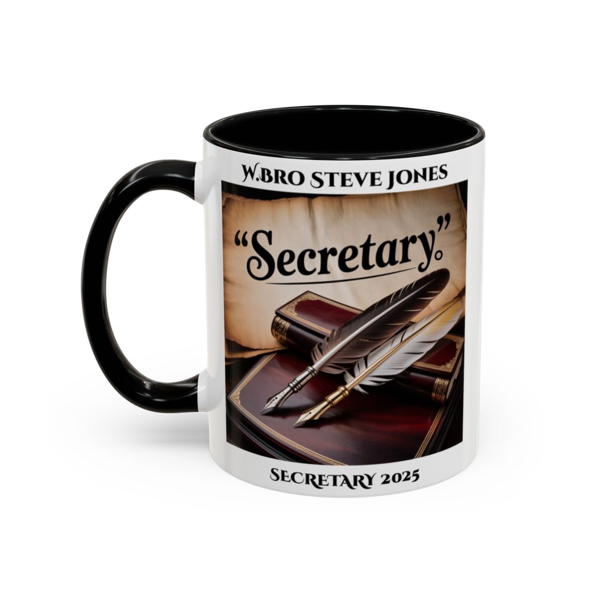 Premium Personalised Freemason Colour Rim Mug - Secretary Design - Quill - Masonic Mugs