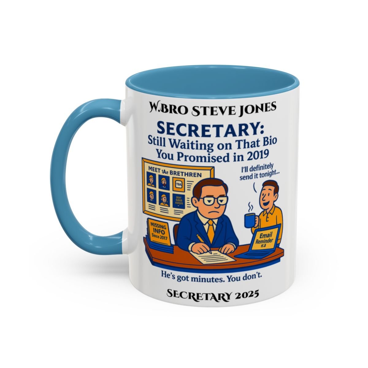 Premium Personalised Freemason Colour Rim Mug - Secretary Design - Still waiting... - Masonic Mugs
