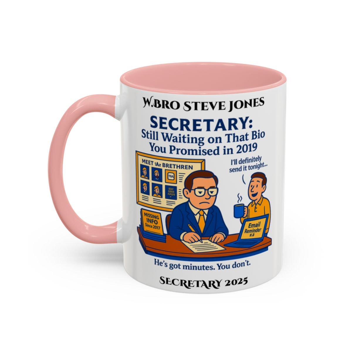 Premium Personalised Freemason Colour Rim Mug - Secretary Design - Still waiting... - Masonic Mugs