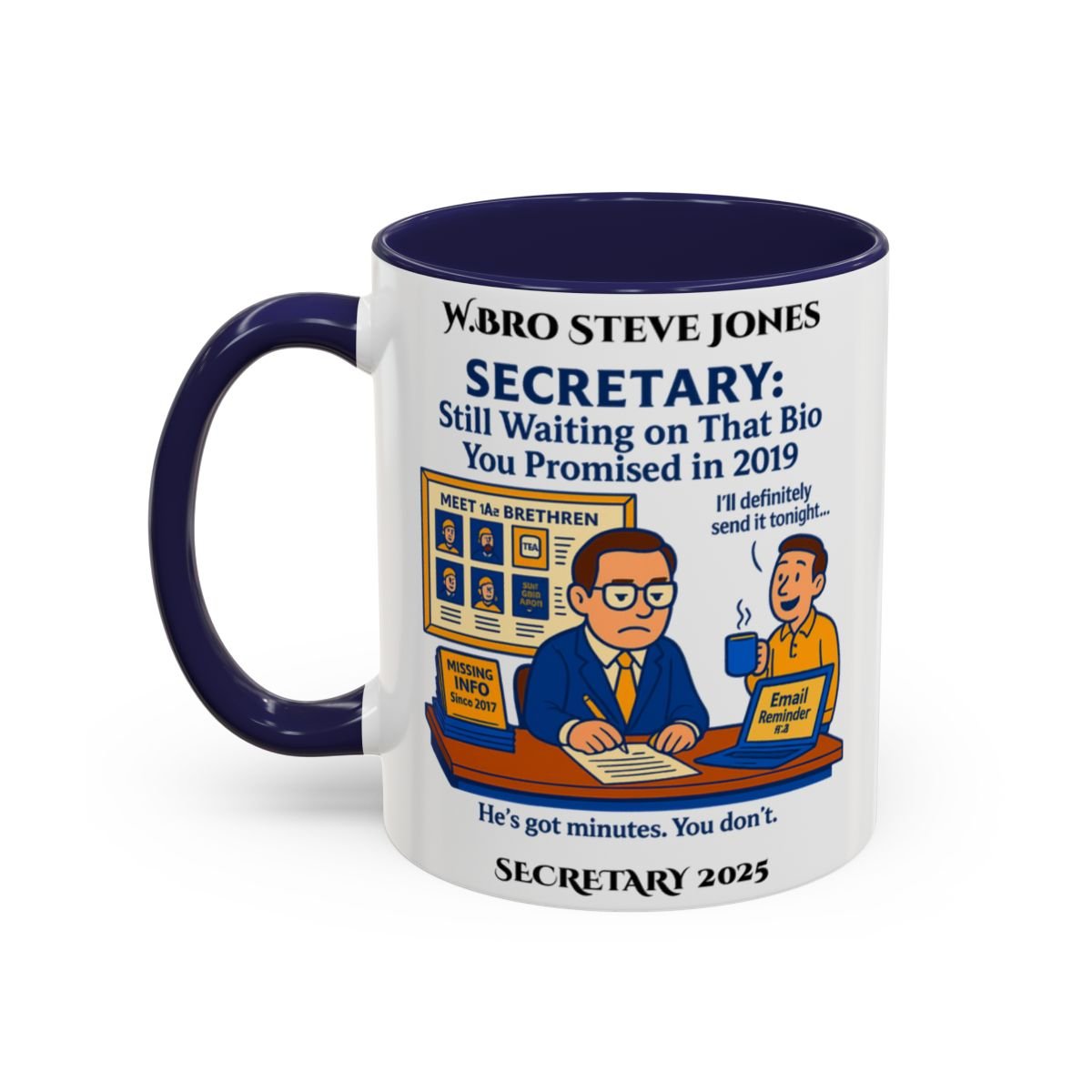 Premium Personalised Freemason Colour Rim Mug - Secretary Design - Still waiting... - Masonic Mugs