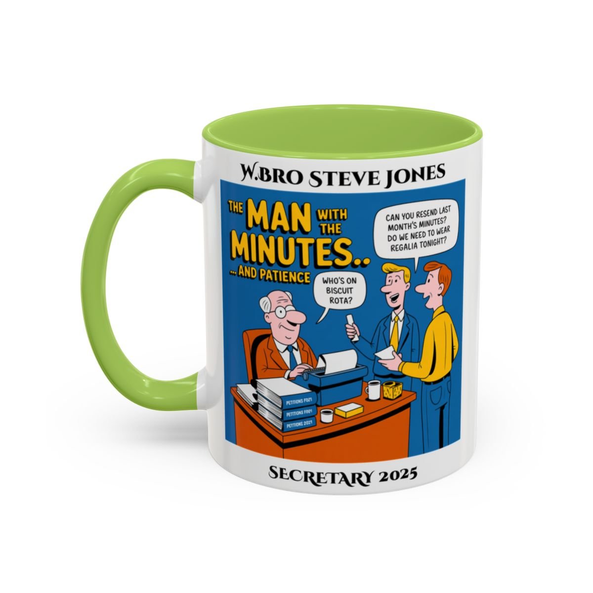 Premium Personalised Freemason Colour Rim Mug - Secretary Design - the man with the minutes - Masonic Mugs