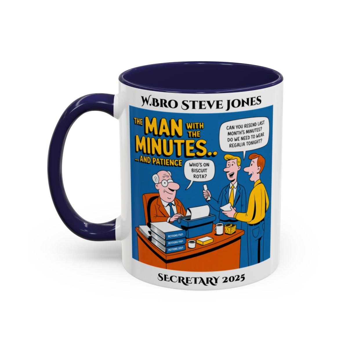 Premium Personalised Freemason Colour Rim Mug - Secretary Design - the man with the minutes - Masonic Mugs