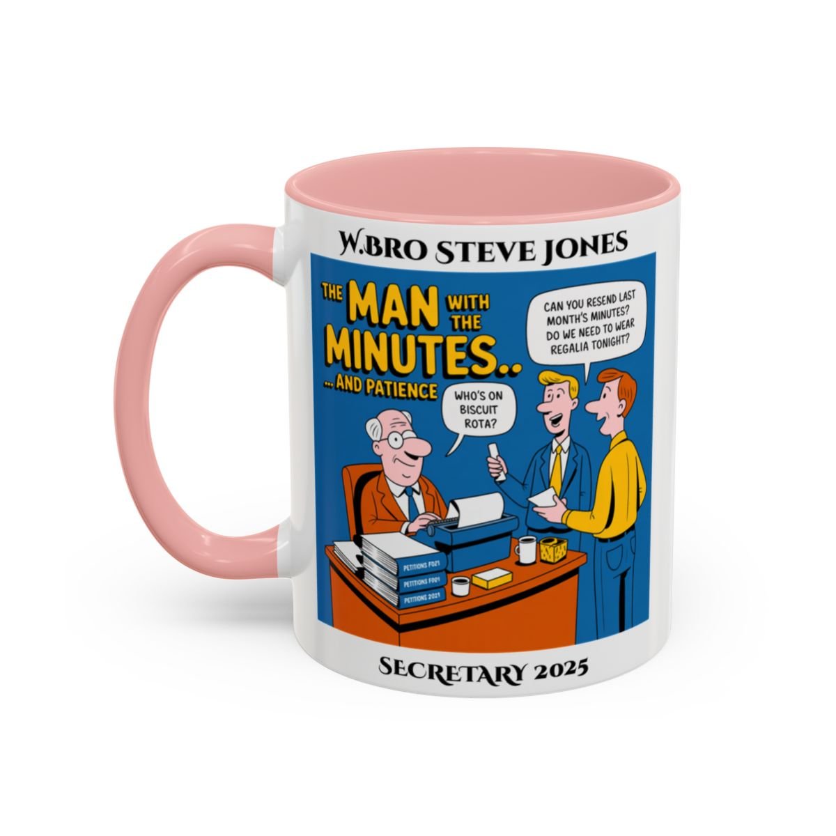 Premium Personalised Freemason Colour Rim Mug - Secretary Design - the man with the minutes - Masonic Mugs