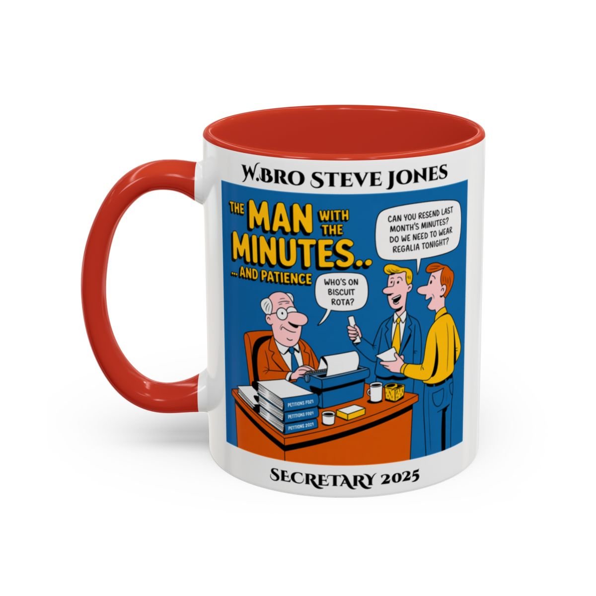 Premium Personalised Freemason Colour Rim Mug - Secretary Design - the man with the minutes - Masonic Mugs