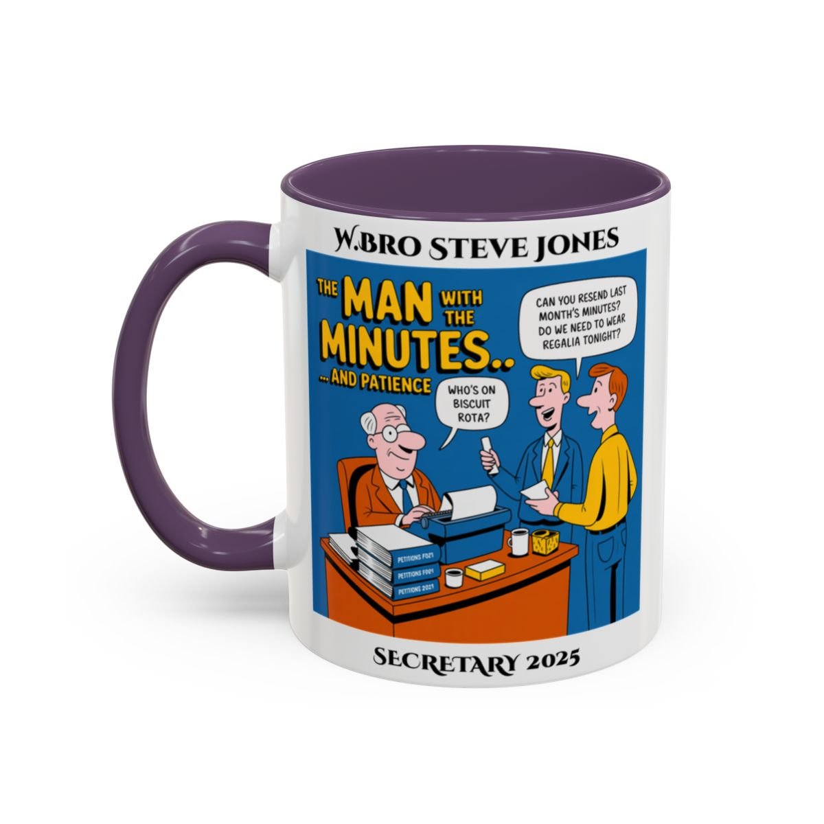 Premium Personalised Freemason Colour Rim Mug - Secretary Design - the man with the minutes - Masonic Mugs