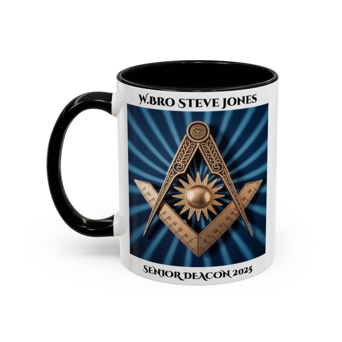 Premium Personalised Freemason Colour Rim Mug - Senior Deacon Design - Square and Compass and Sun, - Masonic Mugs