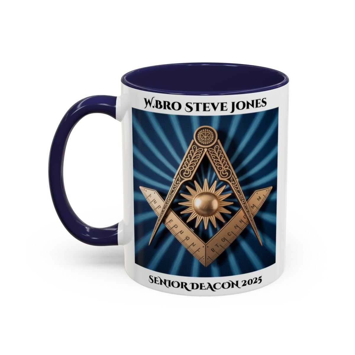 Premium Personalised Freemason Colour Rim Mug - Senior Deacon Design - Square and Compass and Sun, - Masonic Mugs