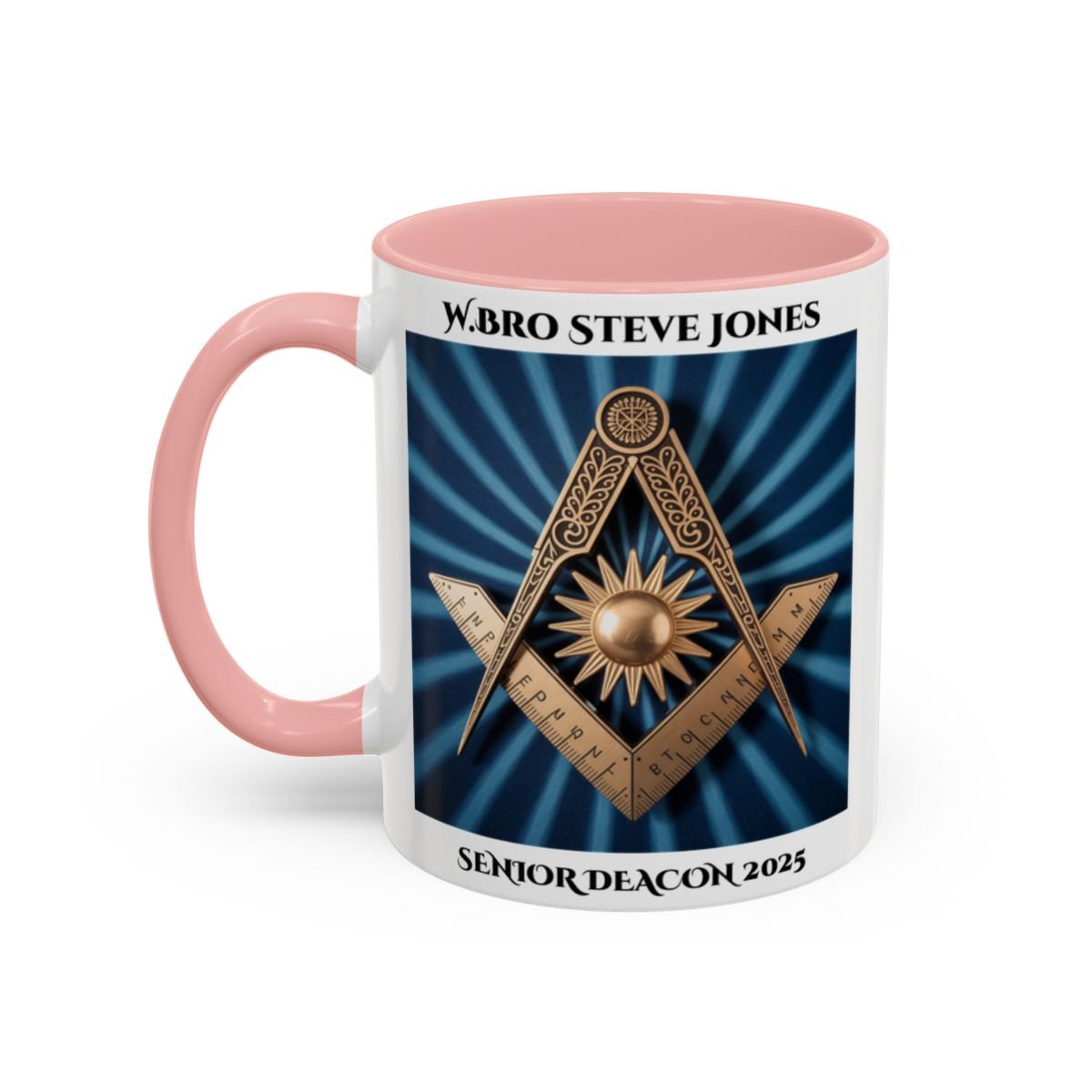 Premium Personalised Freemason Colour Rim Mug - Senior Deacon Design - Square and Compass and Sun, - Masonic Mugs