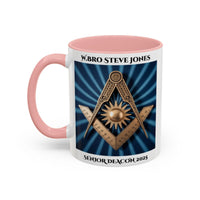 Premium Personalised Freemason Colour Rim Mug - Senior Deacon Design - Square and Compass and Sun, - Masonic Mugs