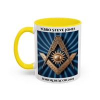 Premium Personalised Freemason Colour Rim Mug - Senior Deacon Design - Square and Compass and Sun, - Masonic Mugs