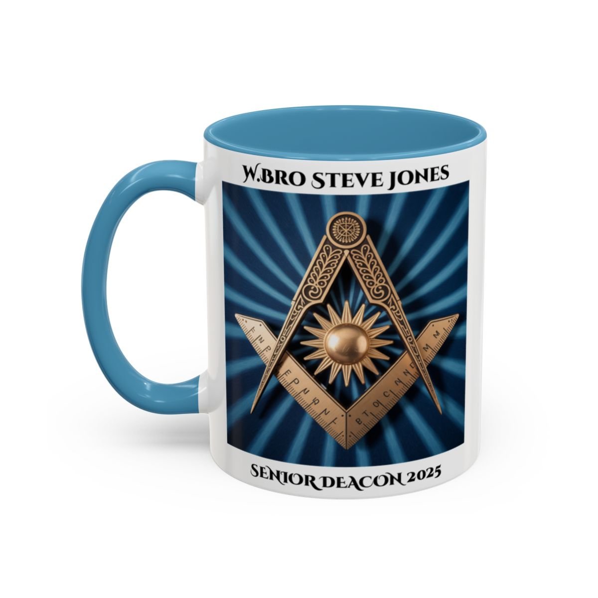 Premium Personalised Freemason Colour Rim Mug - Senior Deacon Design - Square and Compass and Sun, - Masonic Mugs