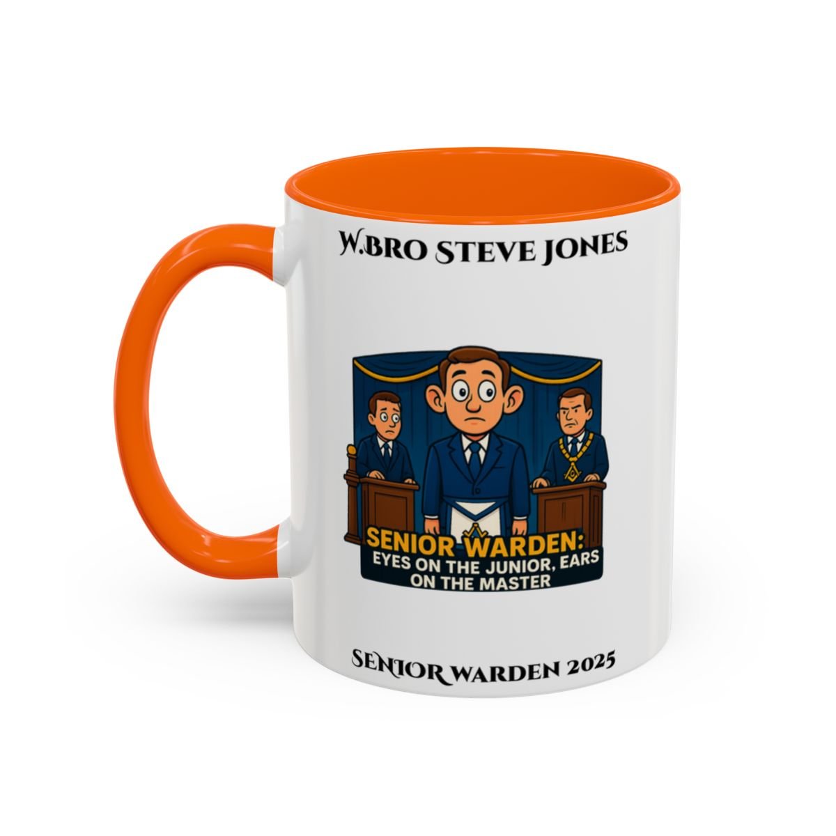 Premium Personalised Freemason Colour Rim Mug - Senior Warden Design - Ears on the Master - Masonic Mugs