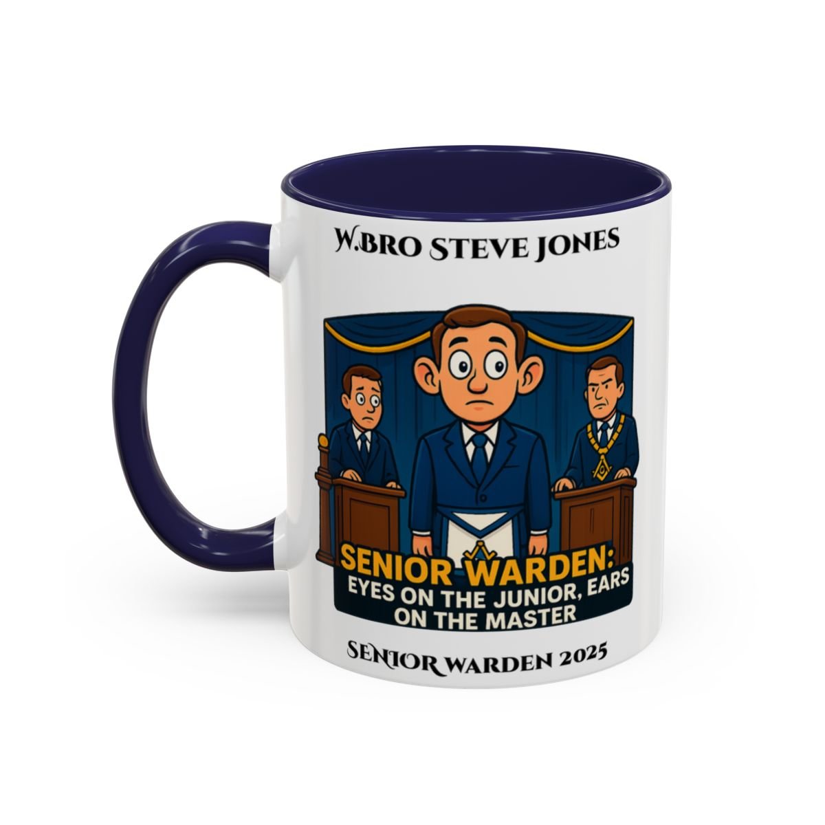 Premium Personalised Freemason Colour Rim Mug - Senior Warden Design - Ears on the Master - Masonic Mugs