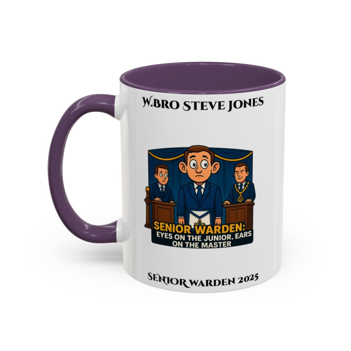 Premium Personalised Freemason Colour Rim Mug - Senior Warden Design - Ears on the Master - Masonic Mugs