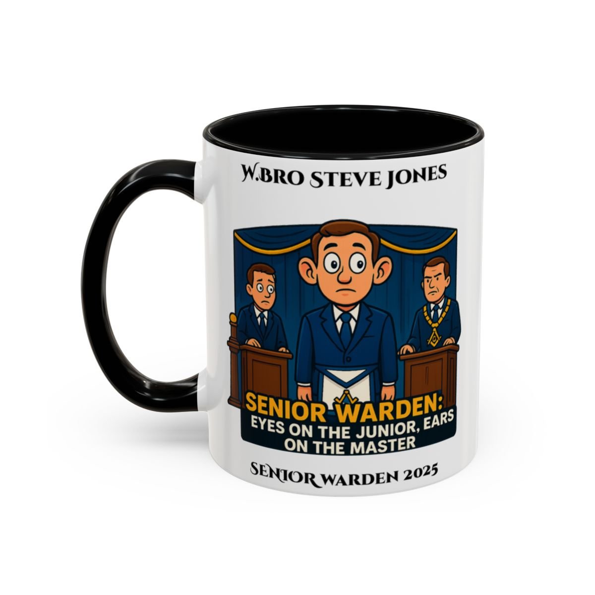 Premium Personalised Freemason Colour Rim Mug - Senior Warden Design - Ears on the Master - Masonic Mugs