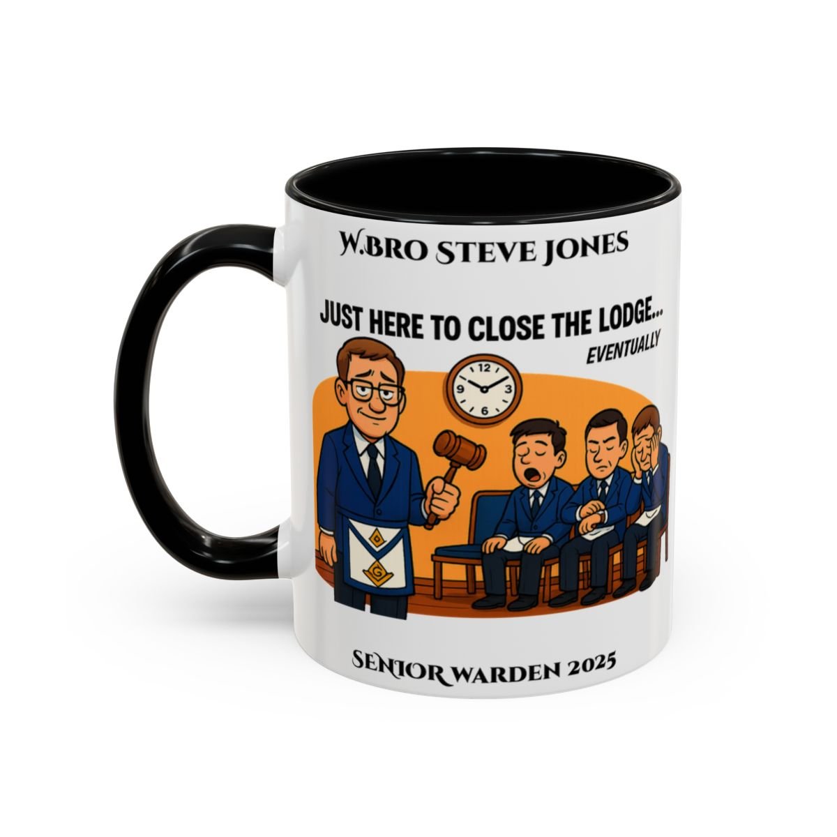Premium Personalised Freemason Colour Rim Mug - Senior Warden Design - Here to close the lodge eventually - Masonic Mugs