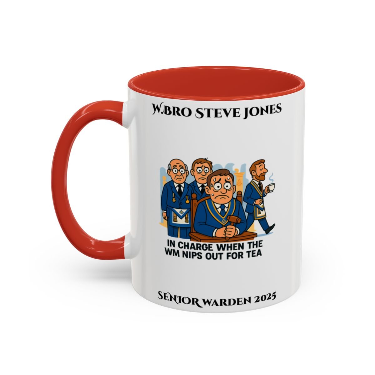 Premium Personalised Freemason Colour Rim Mug - Senior Warden Design - In Charge when the WM pops out for tea - Masonic Mugs