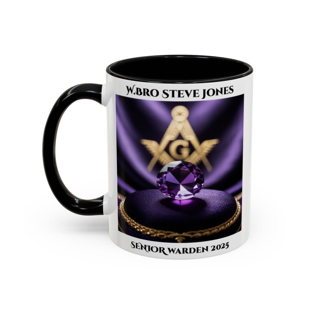 Premium Personalised Freemason Colour Rim Mug - Senior Warden Design - Jewel - Masonic Mugs
