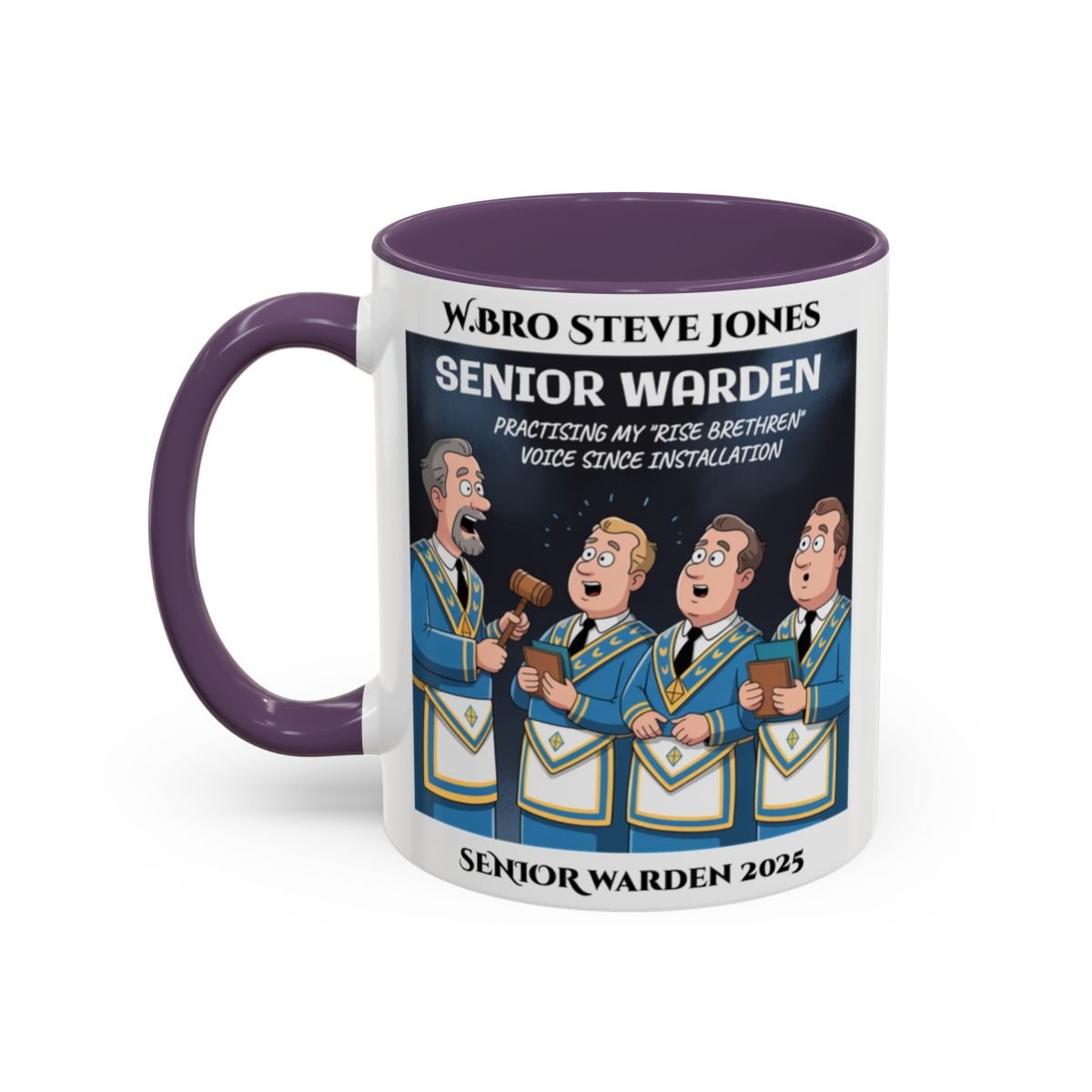 Premium Personalised Freemason Colour Rim Mug - Senior Warden Design - Practising my rise brethren voice - Masonic Mugs