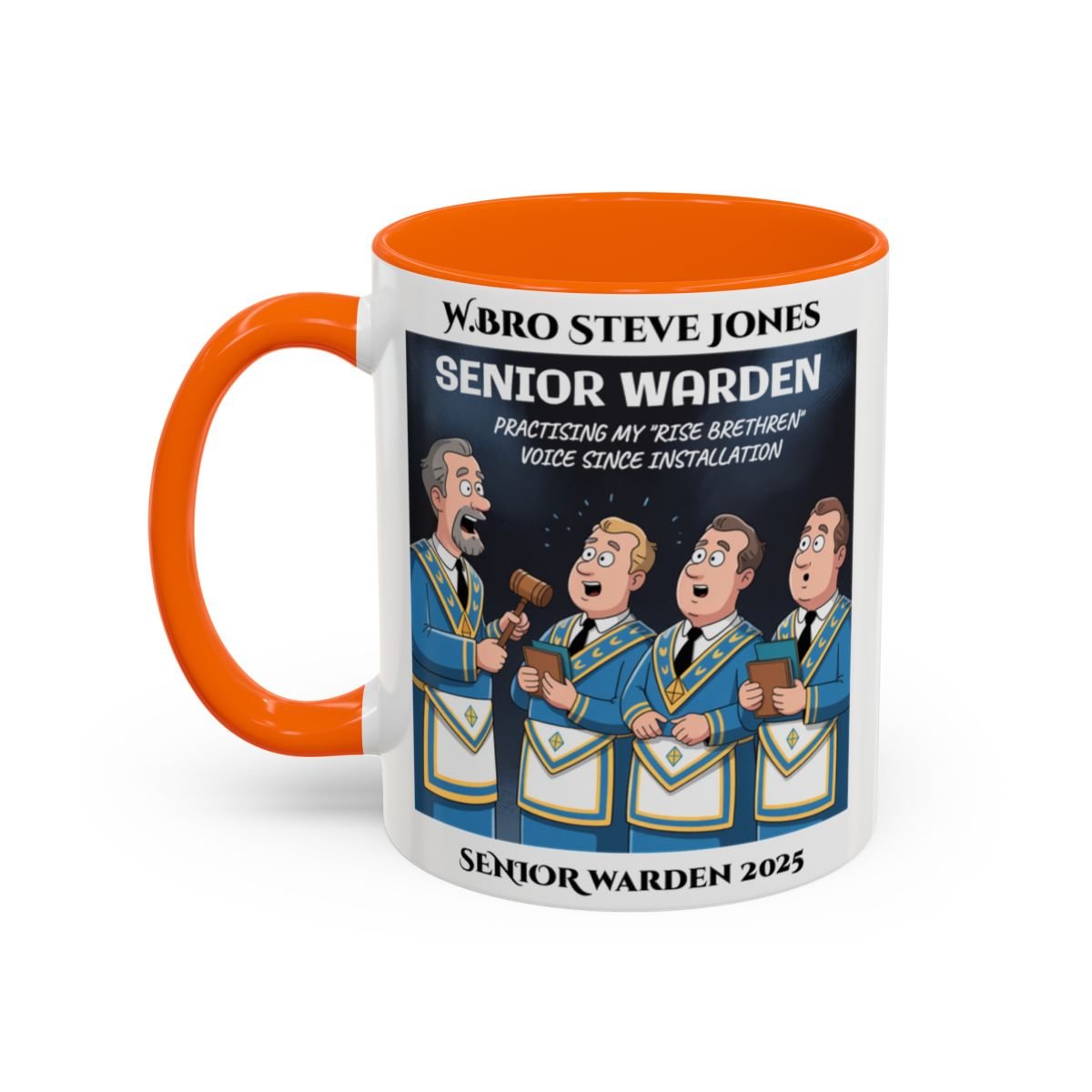 Premium Personalised Freemason Colour Rim Mug - Senior Warden Design - Practising my rise brethren voice - Masonic Mugs