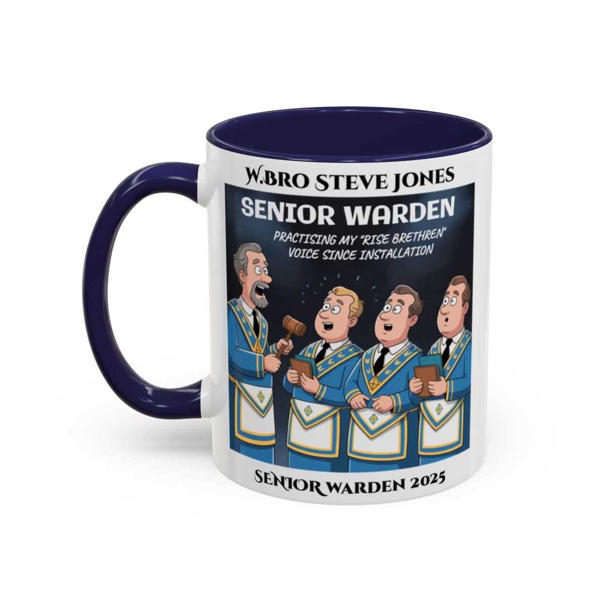 Premium Personalised Freemason Colour Rim Mug - Senior Warden Design - Practising my rise brethren voice - Masonic Mugs