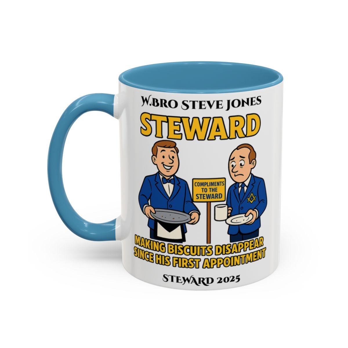 Premium Personalised Freemason Colour Rim Mug - Steward Design - Making Biscuits disappear - Masonic Mugs