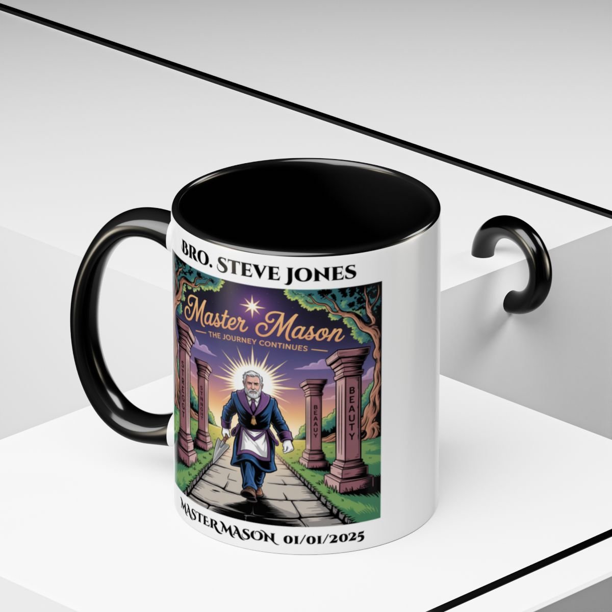 Premium Personalised Freemason Colour Rim Mug - Third Degree - Master Mason - The Journey Continues - Masonic Mugs