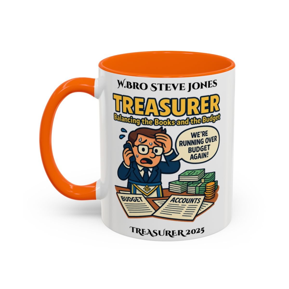 Premium Personalised Freemason Colour Rim Mug - Treasurer Design - Balancing the books - Masonic Mugs