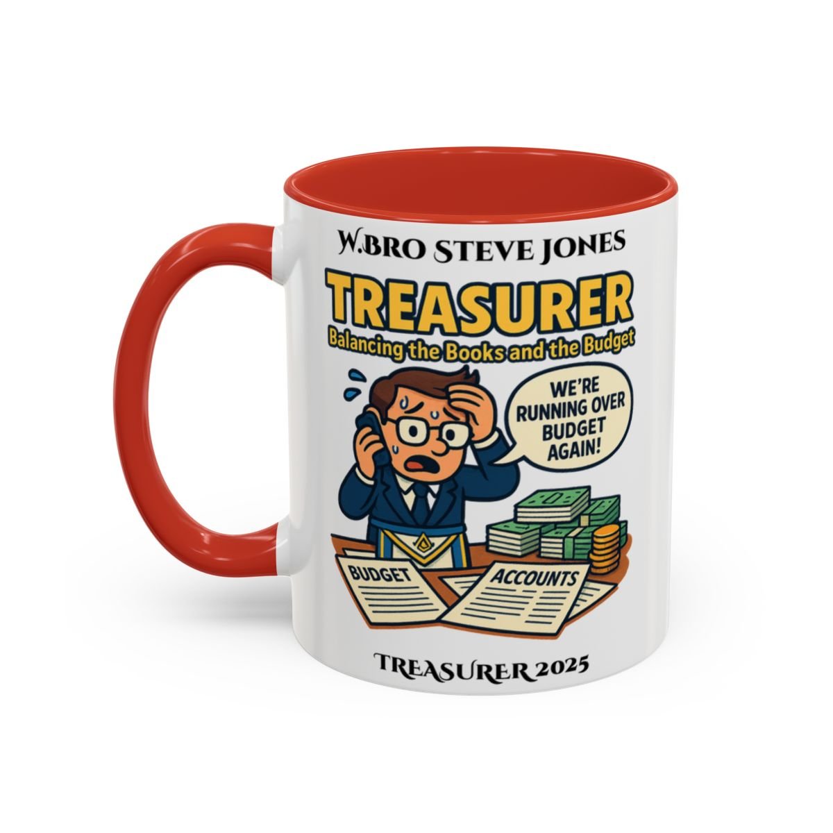 Premium Personalised Freemason Colour Rim Mug - Treasurer Design - Balancing the books - Masonic Mugs