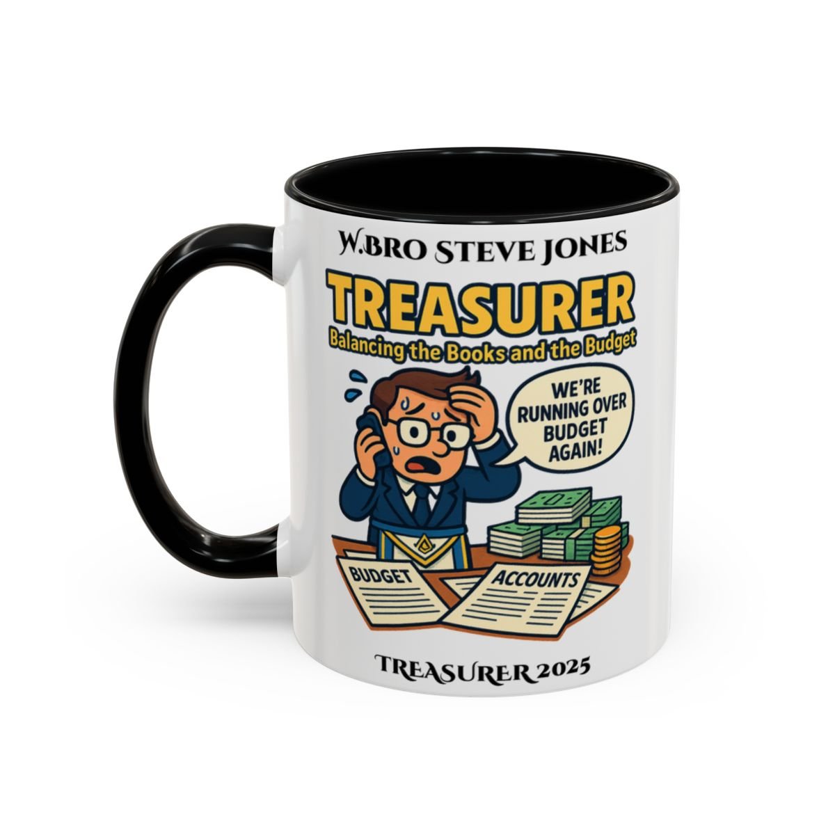 Premium Personalised Freemason Colour Rim Mug - Treasurer Design - Balancing the books - Masonic Mugs