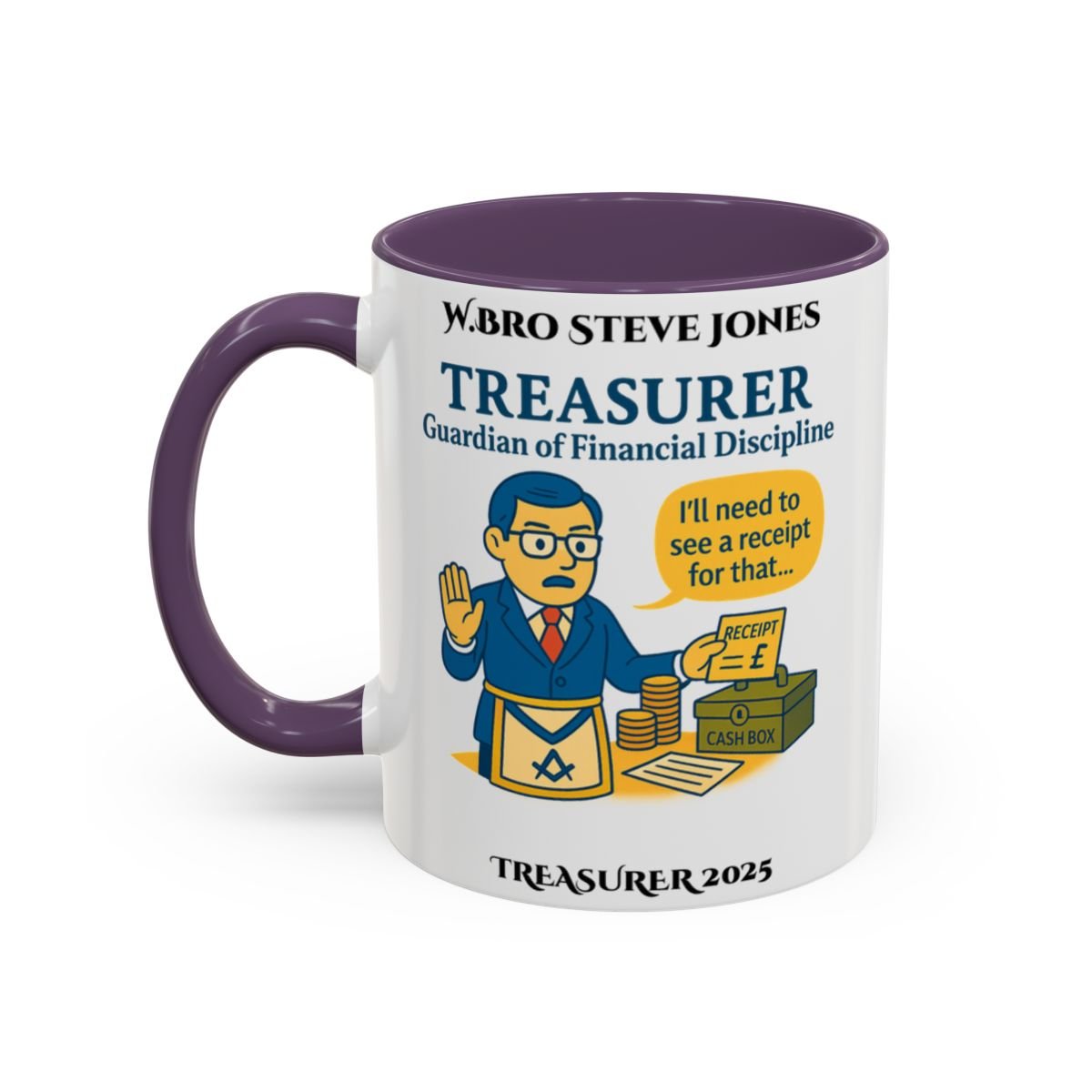 Premium Personalised Freemason Colour Rim Mug - Treasurer Design - Guardian of the finances - Masonic Mugs